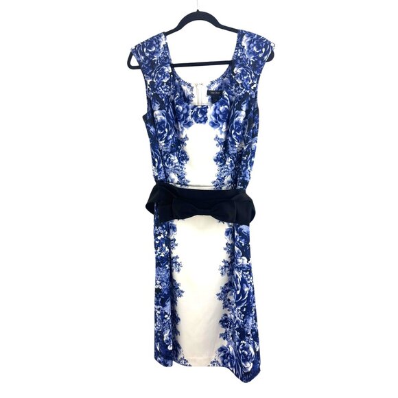 White House Black Market Blue Floral Print Sheath Dress w/Bow Belt Size 14 - Picture 3 of 9